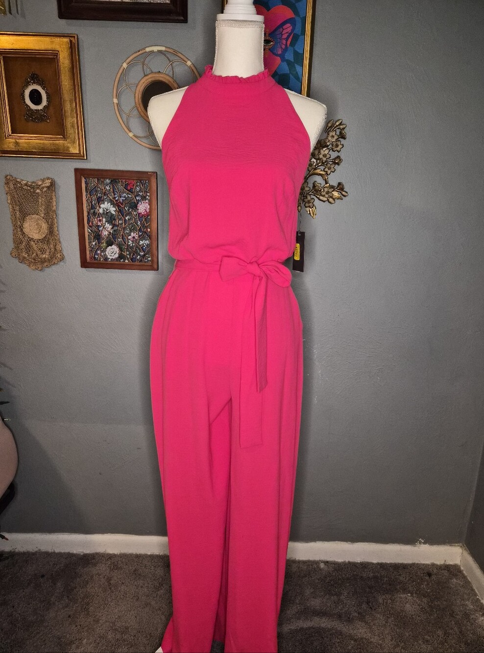 Vince Camuto hot pink halter jumpsuit with tie waist - size medium - NWT